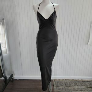 NEW NAKED WARDROBE Black Faux Leather V Neck Cross Back Midi Dress size Small